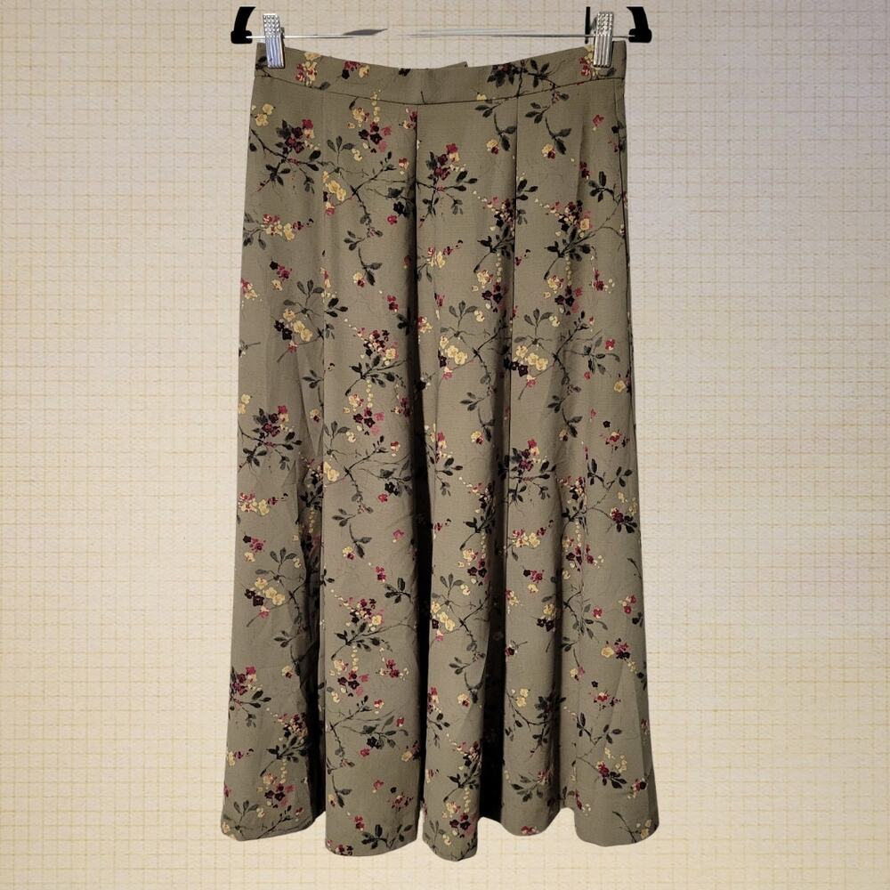 Cottagecore Dark Academia Koret Floral A-Line Skirt Green Size 12 Pockets Waist